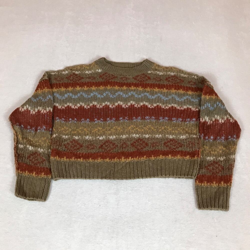 Gilded Intent Flair Isle Striped Cropped Cozy Chunky Knit Sweater Small